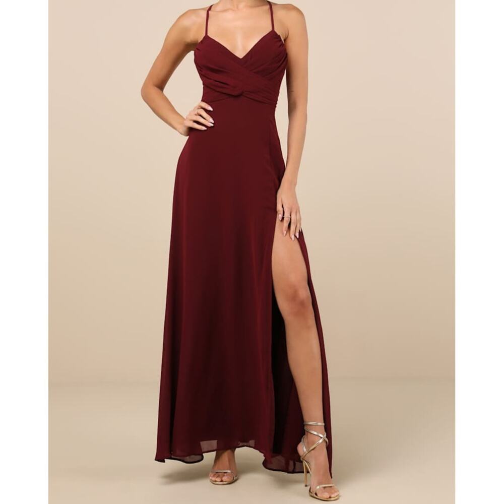 NEW Lulus Event Ready Burgundy Pleated Backless Lace-Up Sweeping Maxi Dress